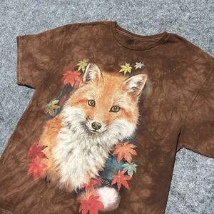 The Mountain Red Fox Autumn Leaves Tie Dye Graphic T-Shirt Brown Large